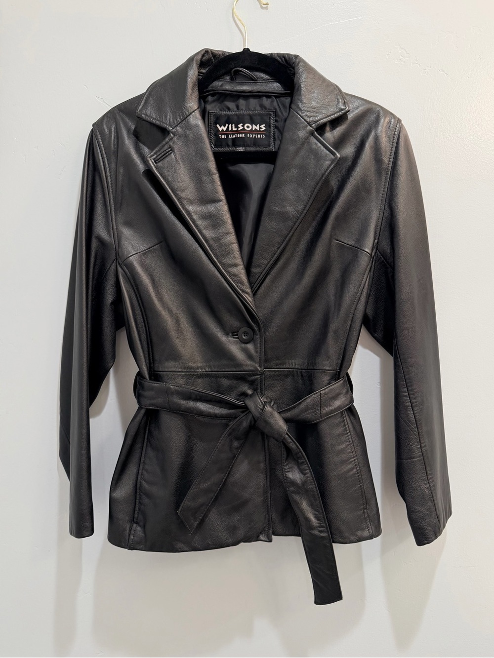 Vintage 90s Wilsons Leather Belted Blazer Jacket Womens Medium Black Trench Coat